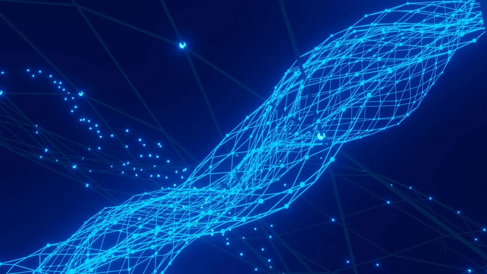An abstract glowing blue digital network of connected nodes